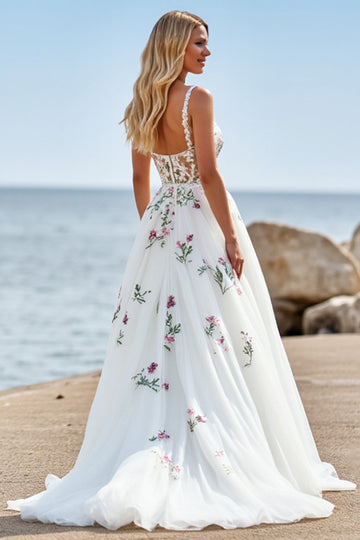 Floral White A Line Wedding Dress with Appliques